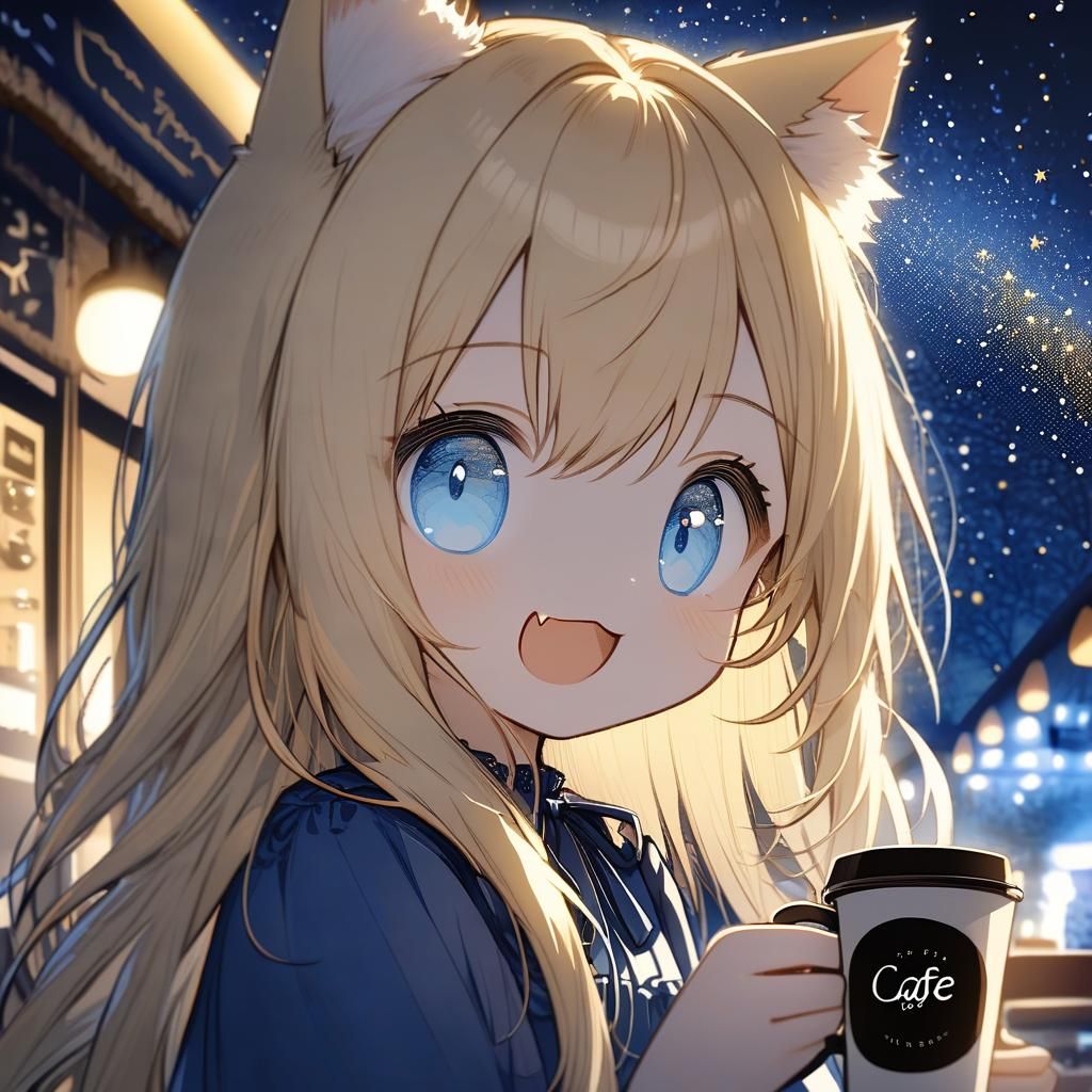 Adorable Catgirl Enjoying Coffee Under Starry Night