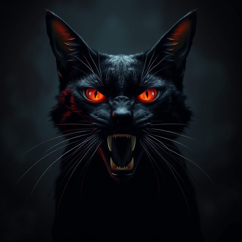 Menacing Black Cat with Glowing Eyes in Dark Horror Style