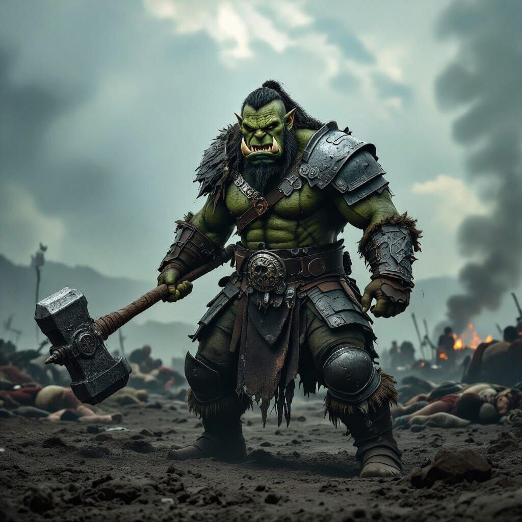 Half-Orc Warrior with Warhammer on Battlefield