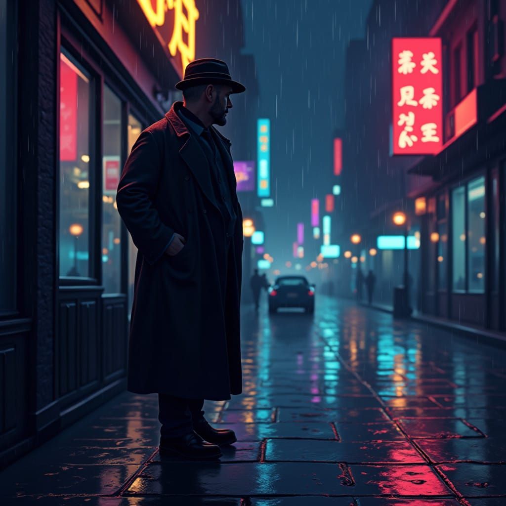 Pixel Detective Stands Resolute in Neon-Lit Rainy City