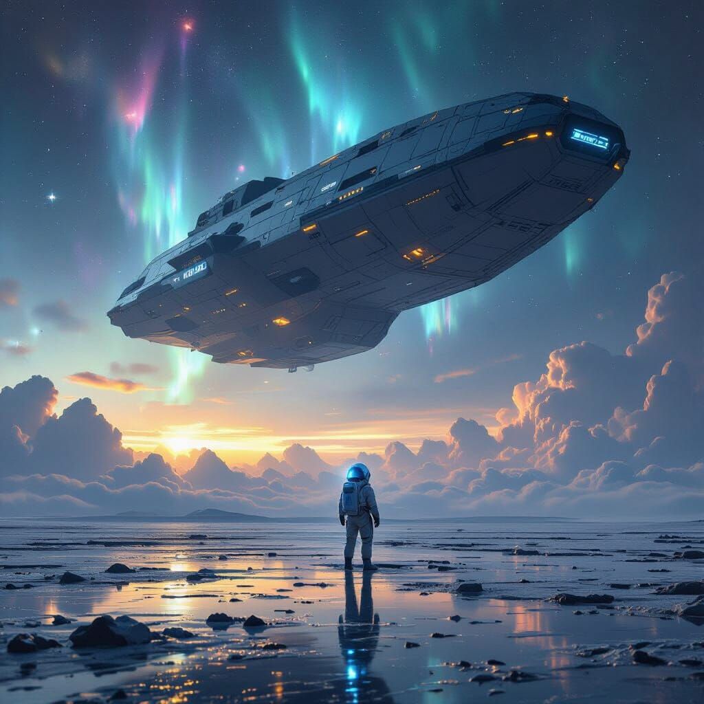 Astronaut Dwarfed by Colossal Spaceship on Alien Planet