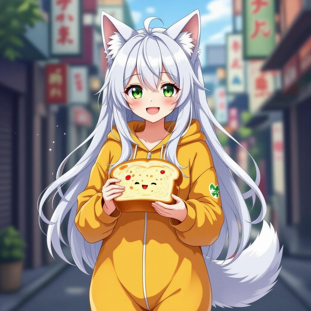 Cute Anime Woman in Yakisoba Bread Onesie on Street
