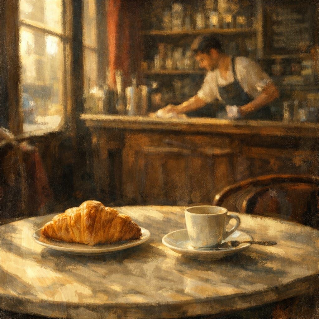 Parisian Cafe Serenity: Sunlight, Croissant, and Espresso