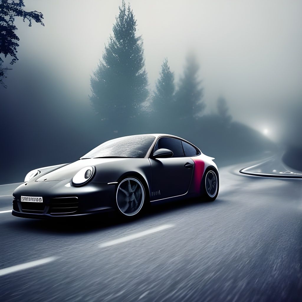 Classic Porsche on Haunted Highway in Photorealistic Style