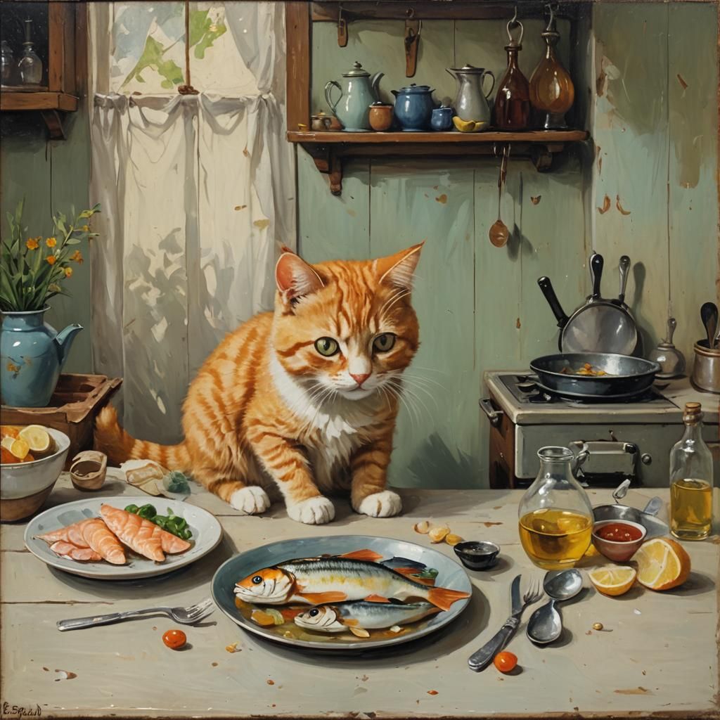 Ginger Cat's Fish Lunch: A Vintage Oil Painting