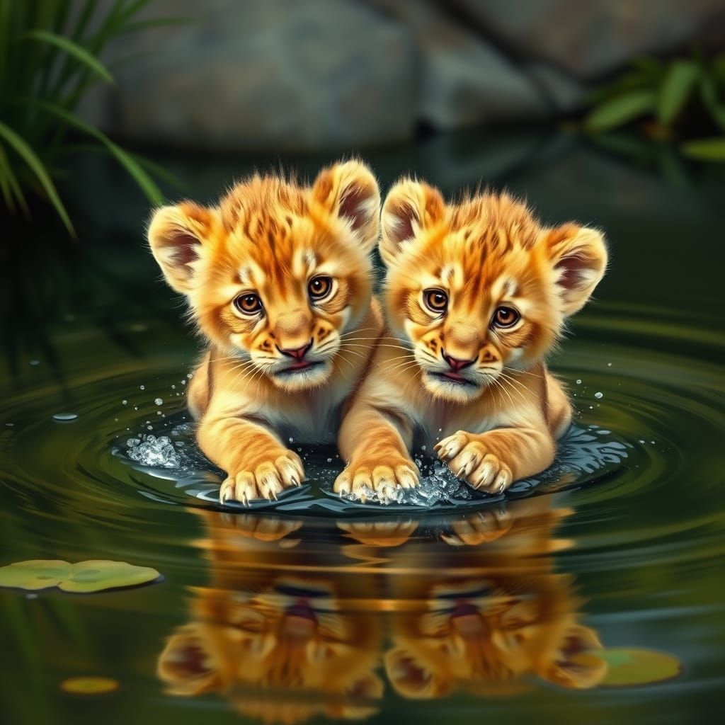 Golden Lion Cubs Play in Serene Pond Landscape
