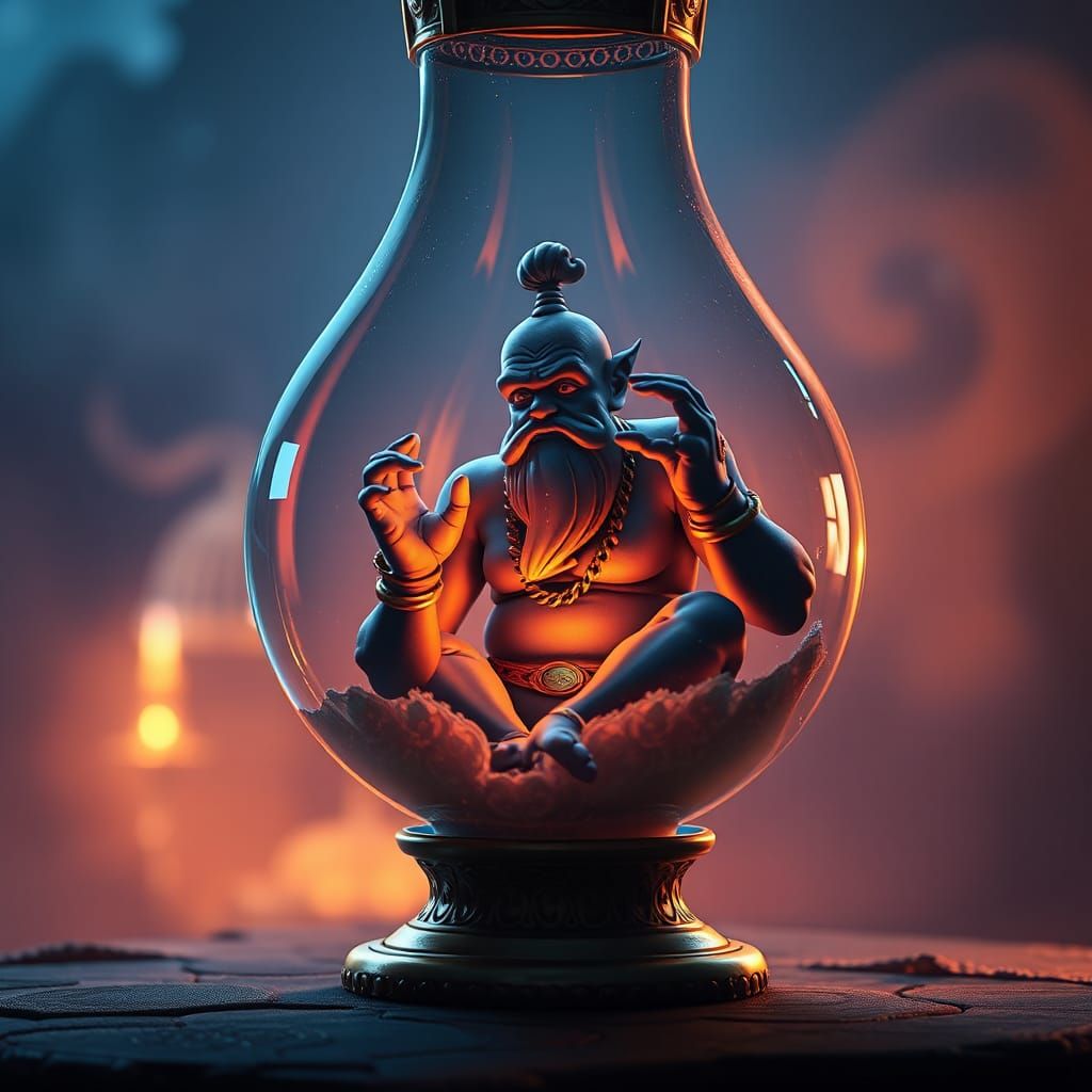 Captured Magic Genie in Glass Oil Lamp