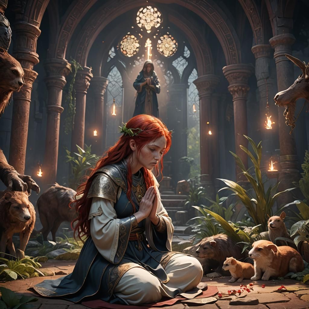 Girl Healer Praying and Healing Wounded Animal