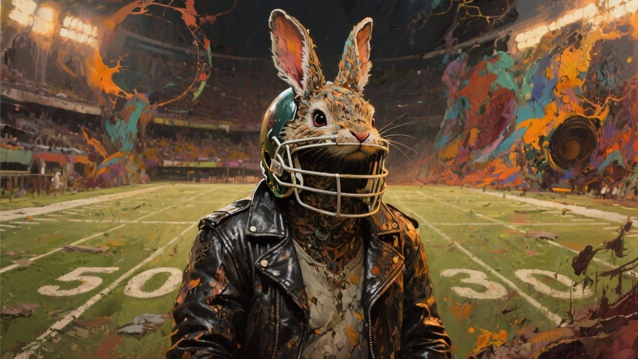 Concept Art Bunny in Leather Jacket Inside Football Helmet