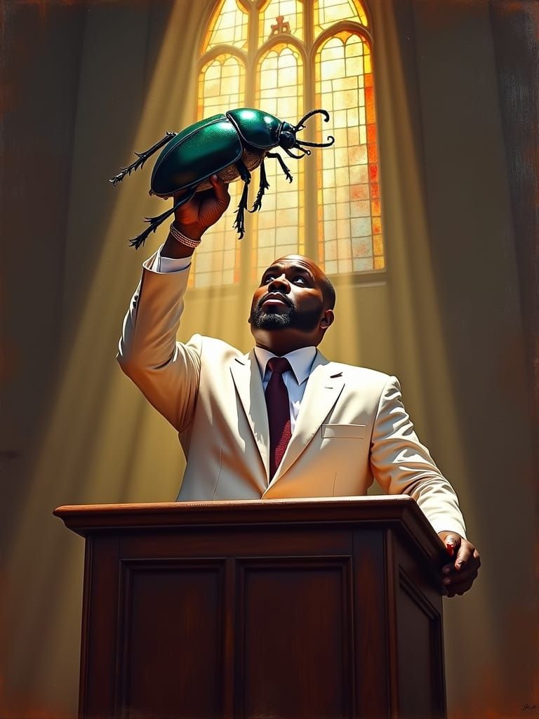 Pentecostal Preacher Holds Giant Beetle in Dramatic Light