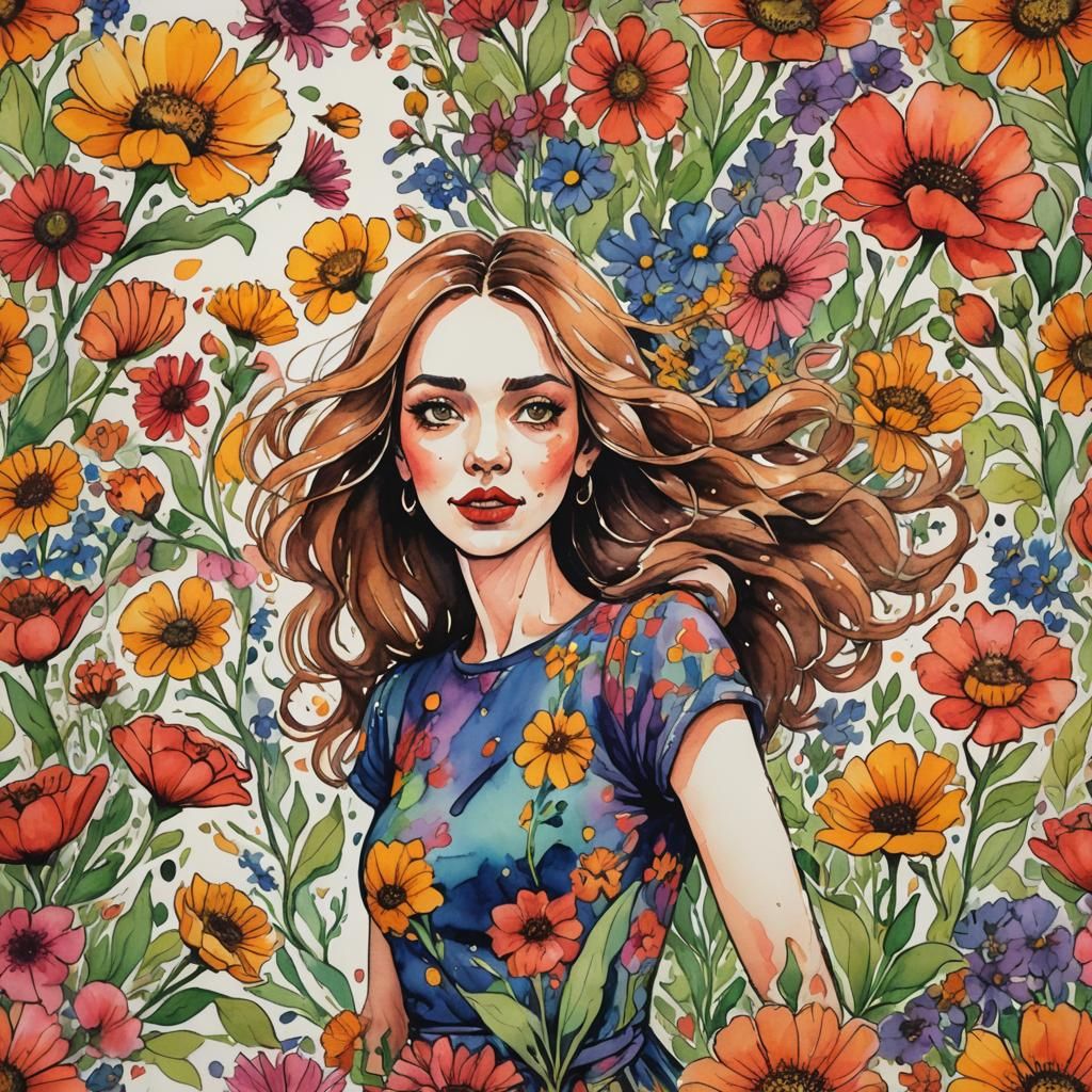 Whimsical Woman Flinging Flowers: Watercolor Ink Sketch