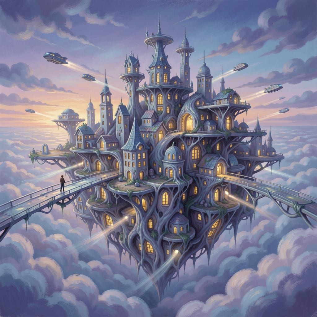 Surreal Floating Megacity in Matte Gouache Style