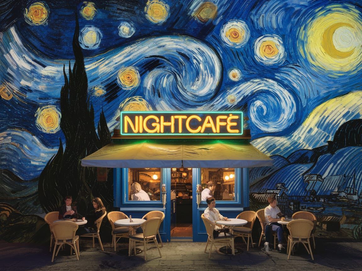 Night Cafe Scene in Starry Night Style