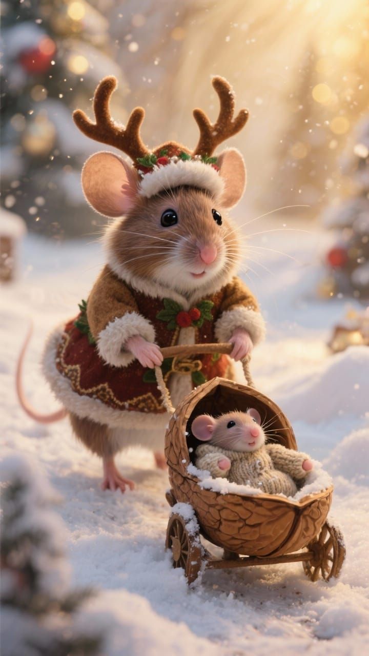 Cute Mouse Family Christmas Scene in Snowy Woods
