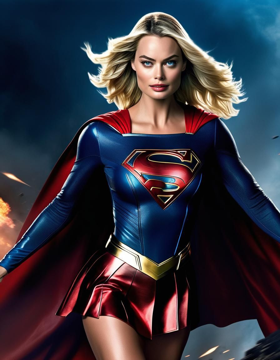 Margot Robbie as Supergirl in Action Movie Scene