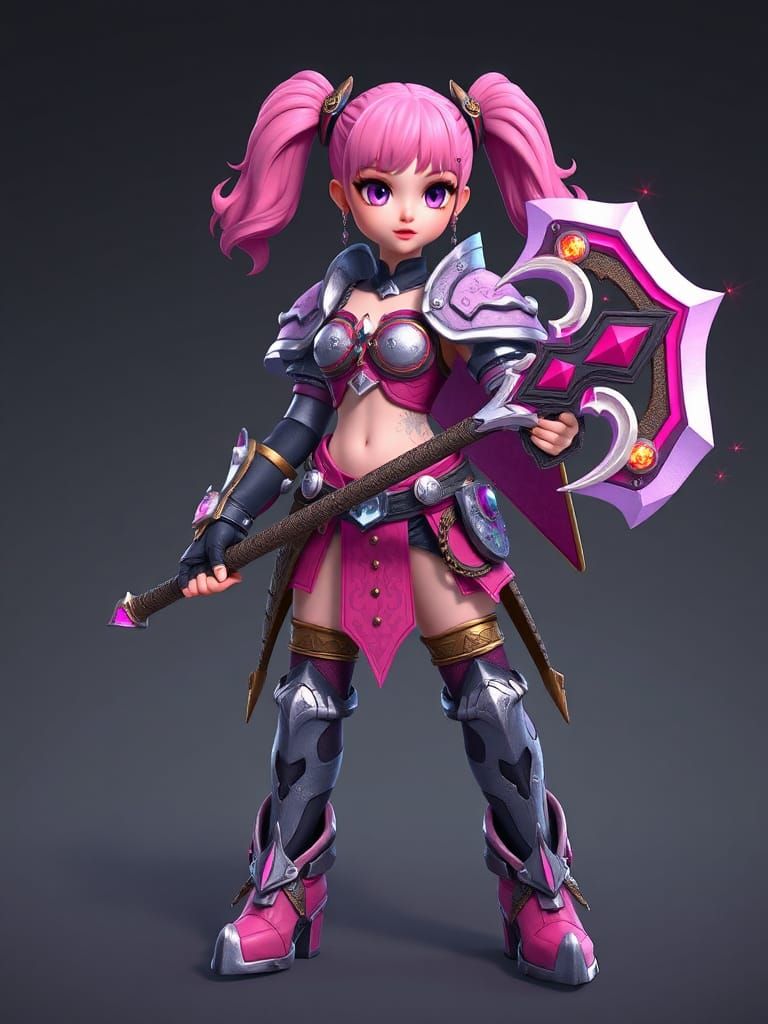 Fantasy Warrior Girl with Magical Axe in Anime Style