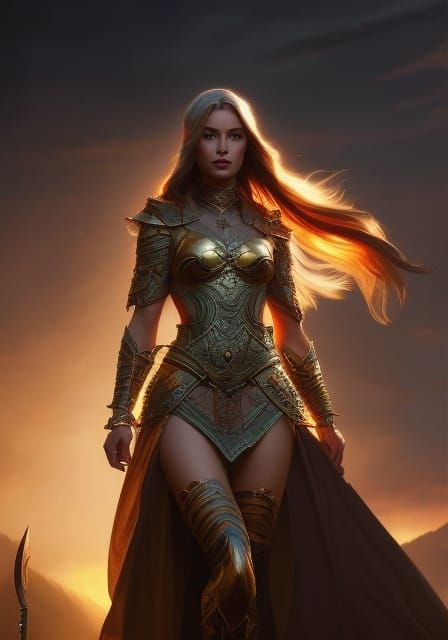 Medieval Woman in Garden at Sunset: Digital Art