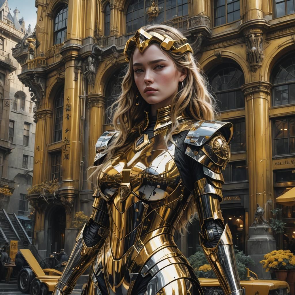 Futuristic Chrome Hufflepuff Girl in Digital Painting