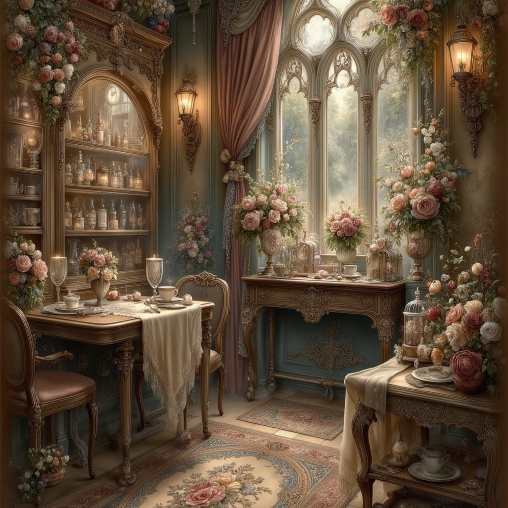 Gothic Autumn Railway Cafe with Soft Glowing Lights