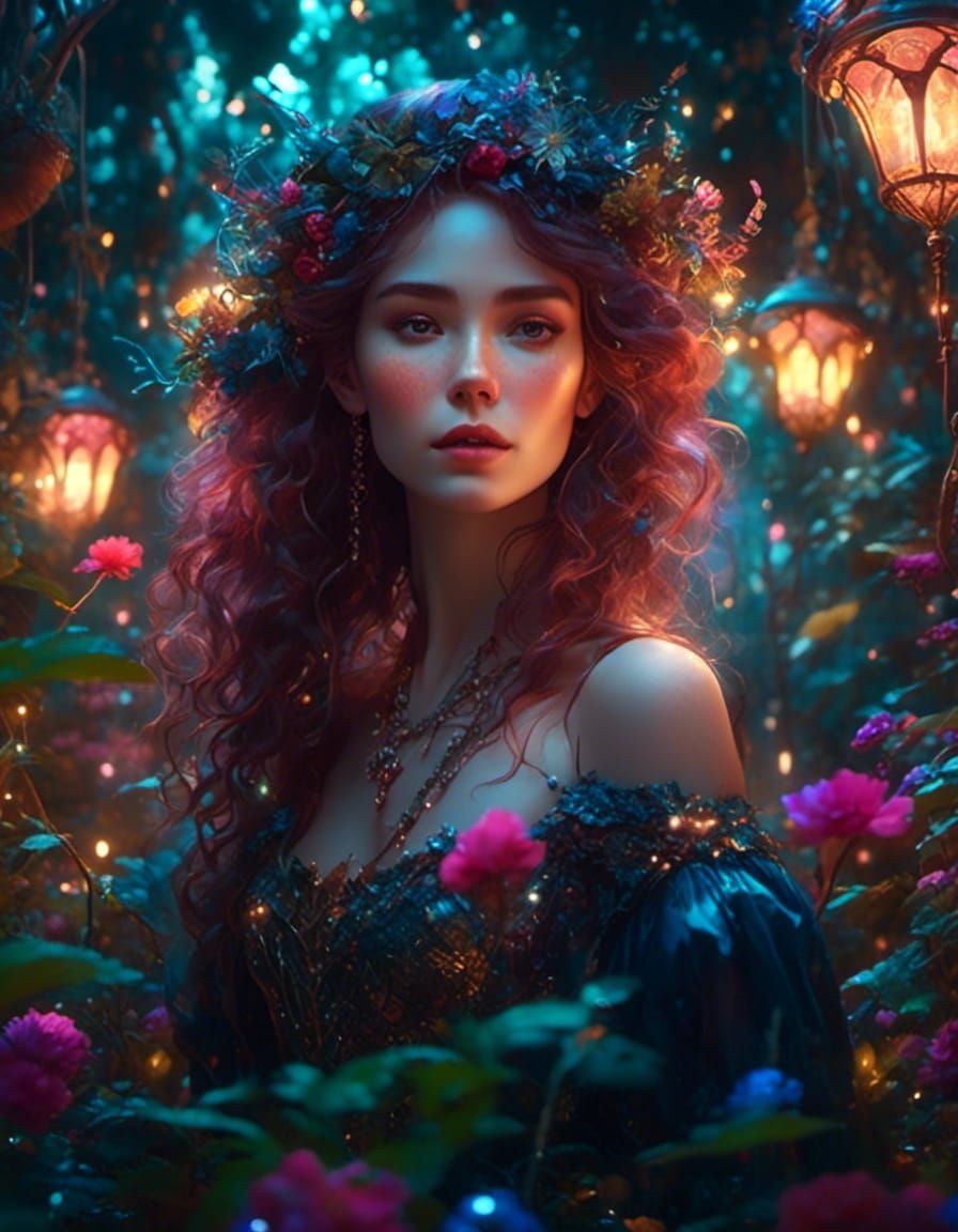 Dark Fantasy Edwardian Woman in Dreamy Garden