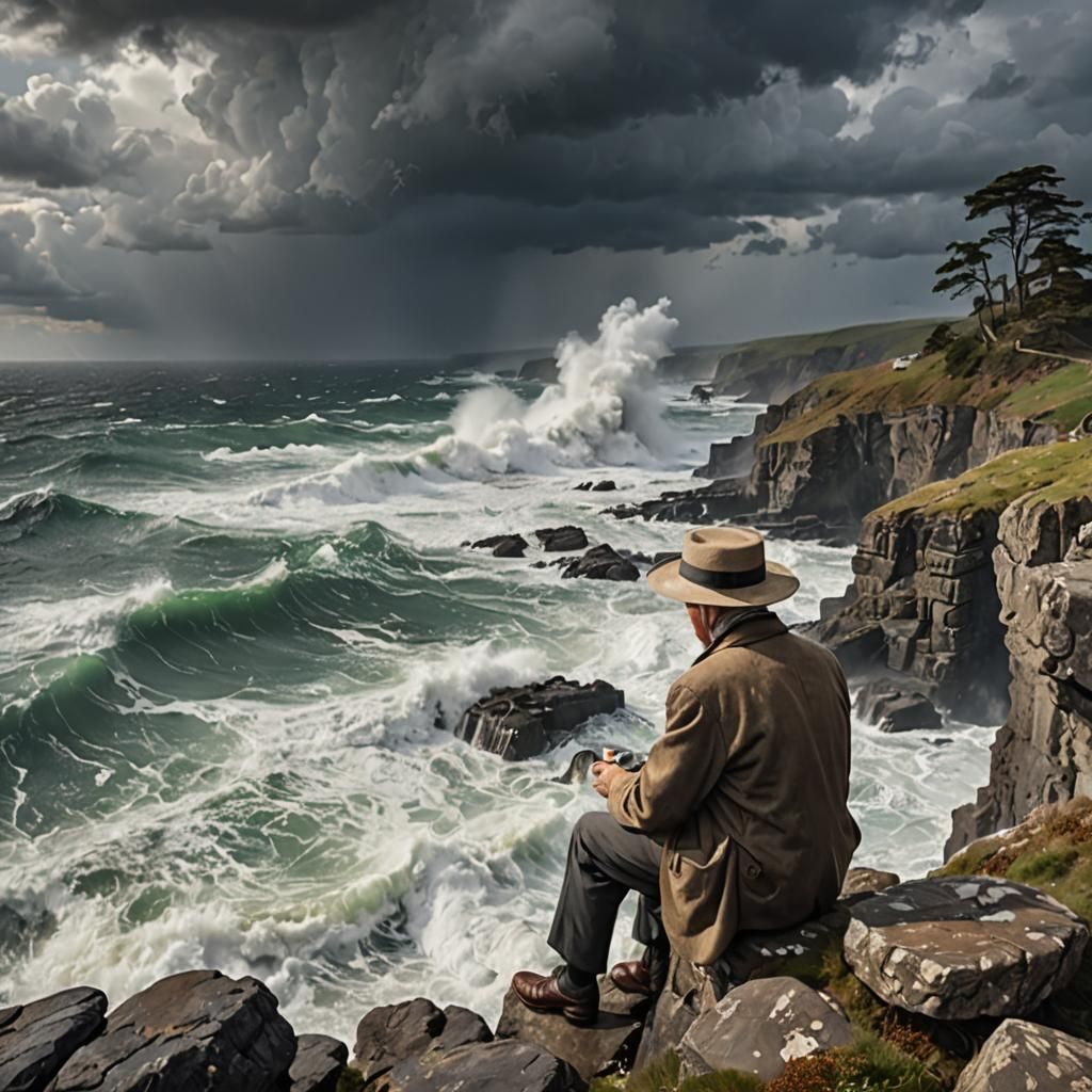 Impressionist Cliffside Scene with Man Drinking Tea