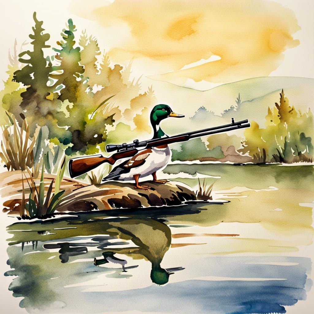 Duck on Rifle: Watercolor Ink Painting