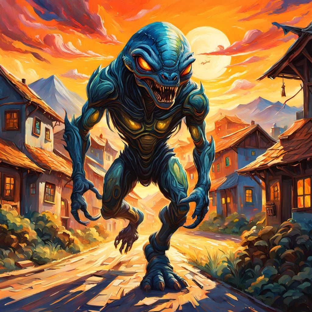 Alien Beast Runs Through Village: Gouache Impressionism