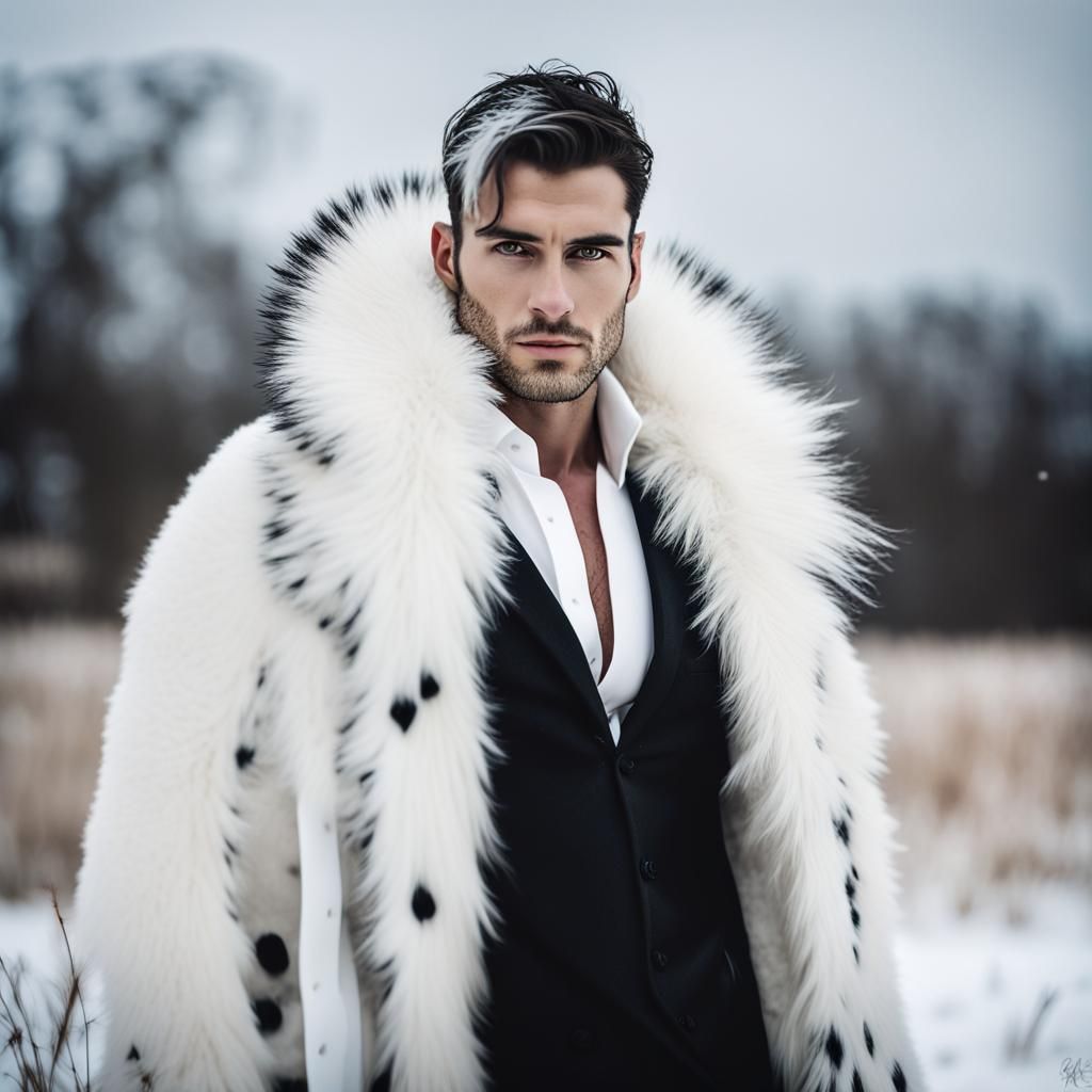 Handsome Man with Snowy Field Manor Backdrop