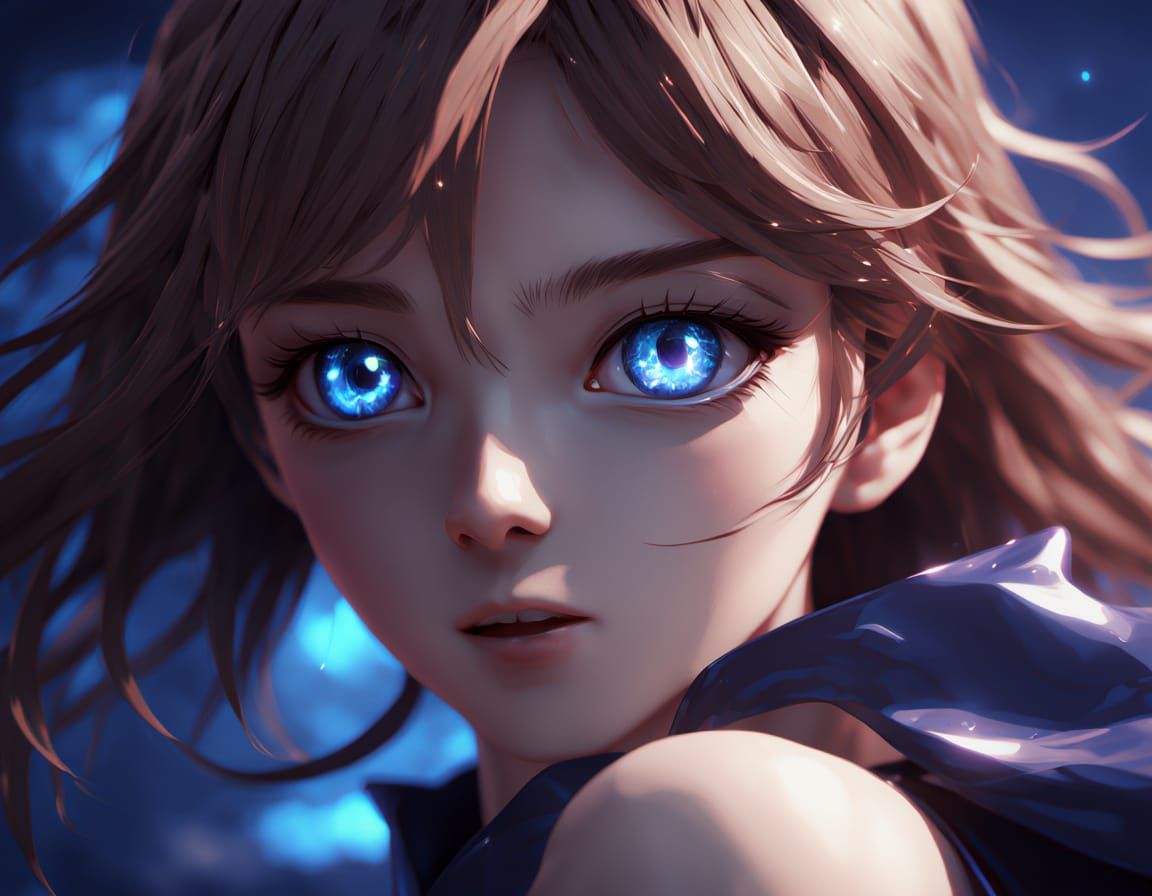 Glowing Sapphire Blue Eye in Hyper-Realistic 3D Anime Art