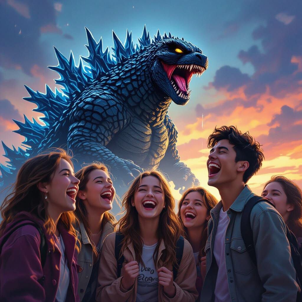 Joyful Students and a Crying Godzilla in Hyperrealistic Styl...