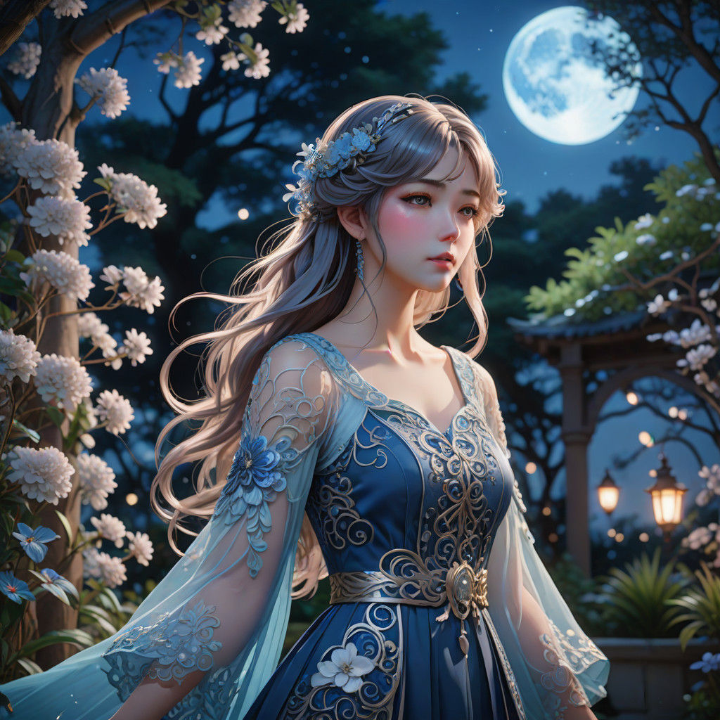 Ethereal Jugendstil Anime Girl in Serene Moonlit Garden