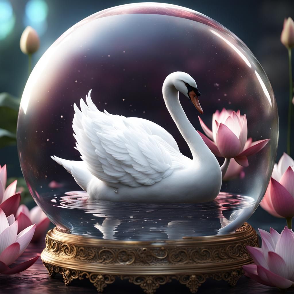 White Swan in Crystal Ball on Lotus Flower