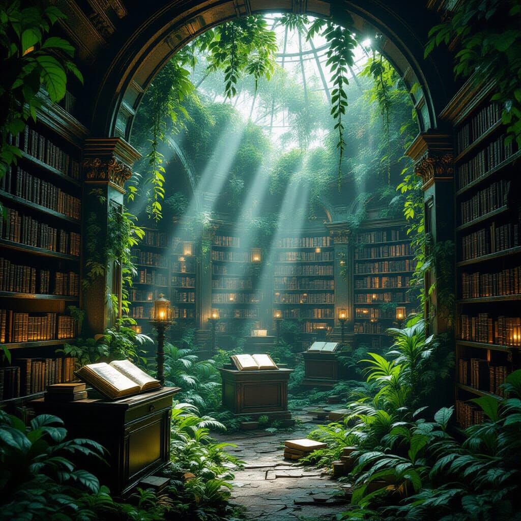Enchanted Jungle Library Reimagined with Bioluminescent Flor...