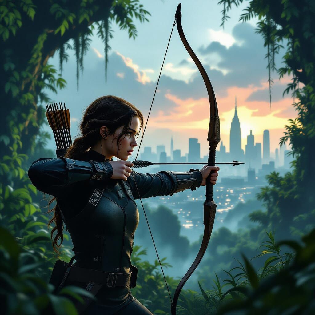 Dystopian Archer in Overgrown Forest Facing Capitol