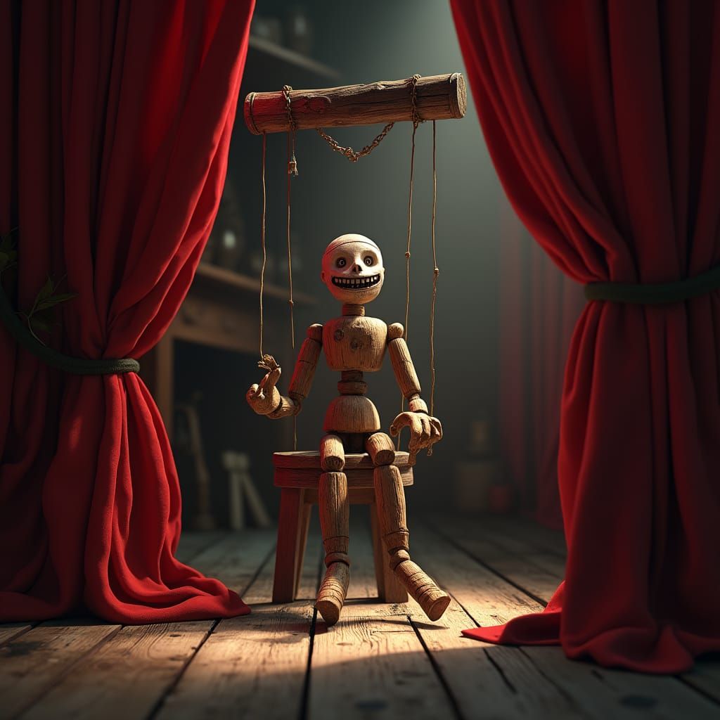 Eerie Wooden Puppet on Stage: Fantasy Concept Art