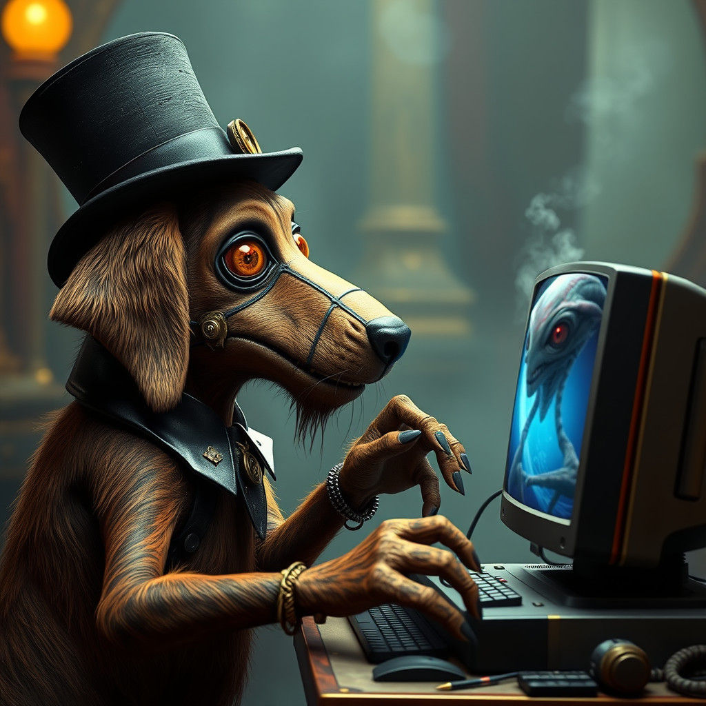 Steampunk Dog and Alien Pet in Jim Henson Style