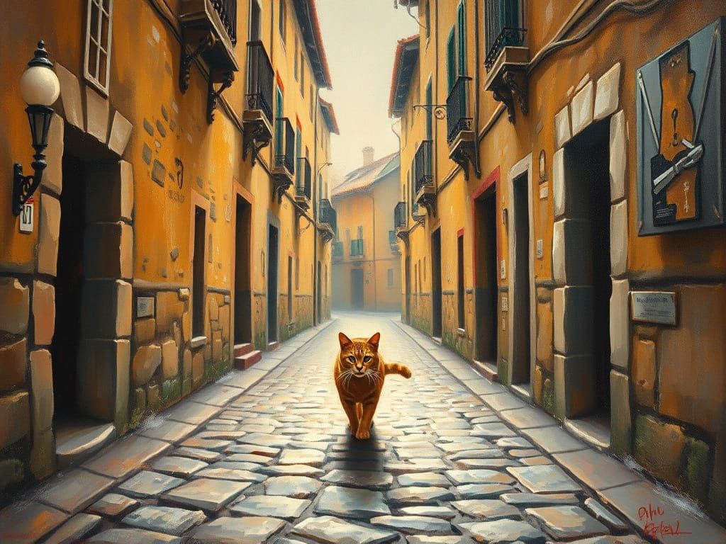 Impressionist Cat on Cobblestone Streets