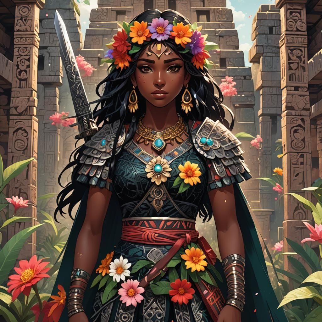 Latina Anime Girl with Obsidian Sword in Mayan Ruins