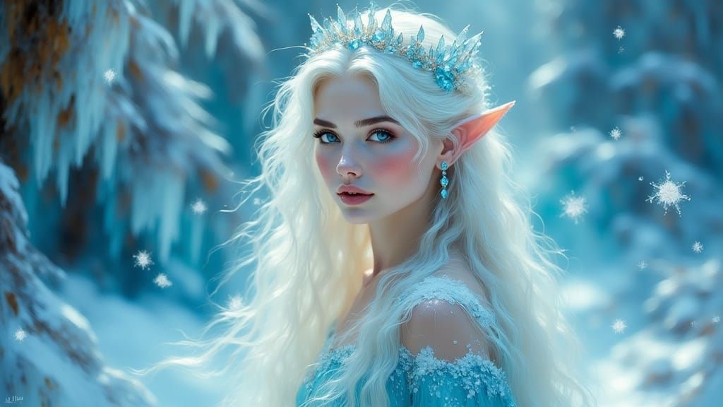 Majestic Winter Queen Elf Portrait in Snowy Palace