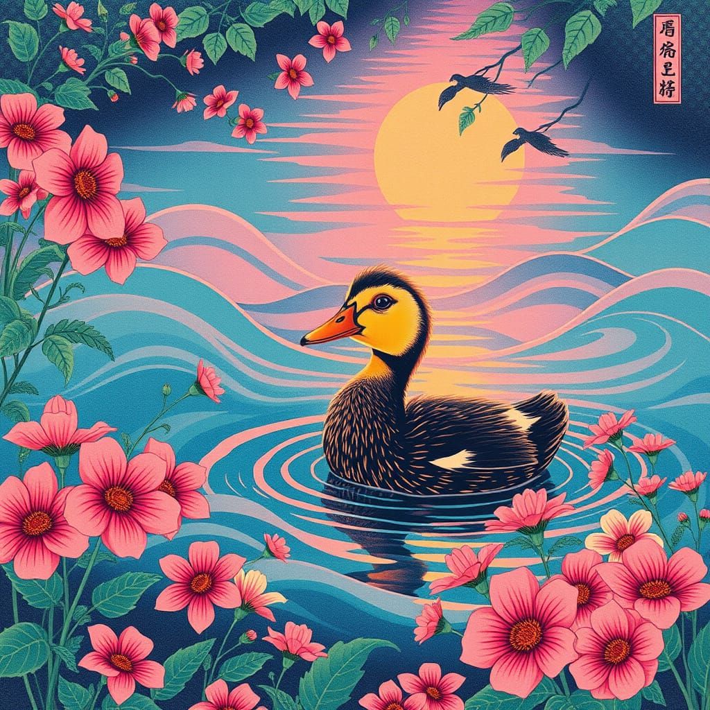 Surreal Duckling in Japanese Garden with Vaporwave Palette