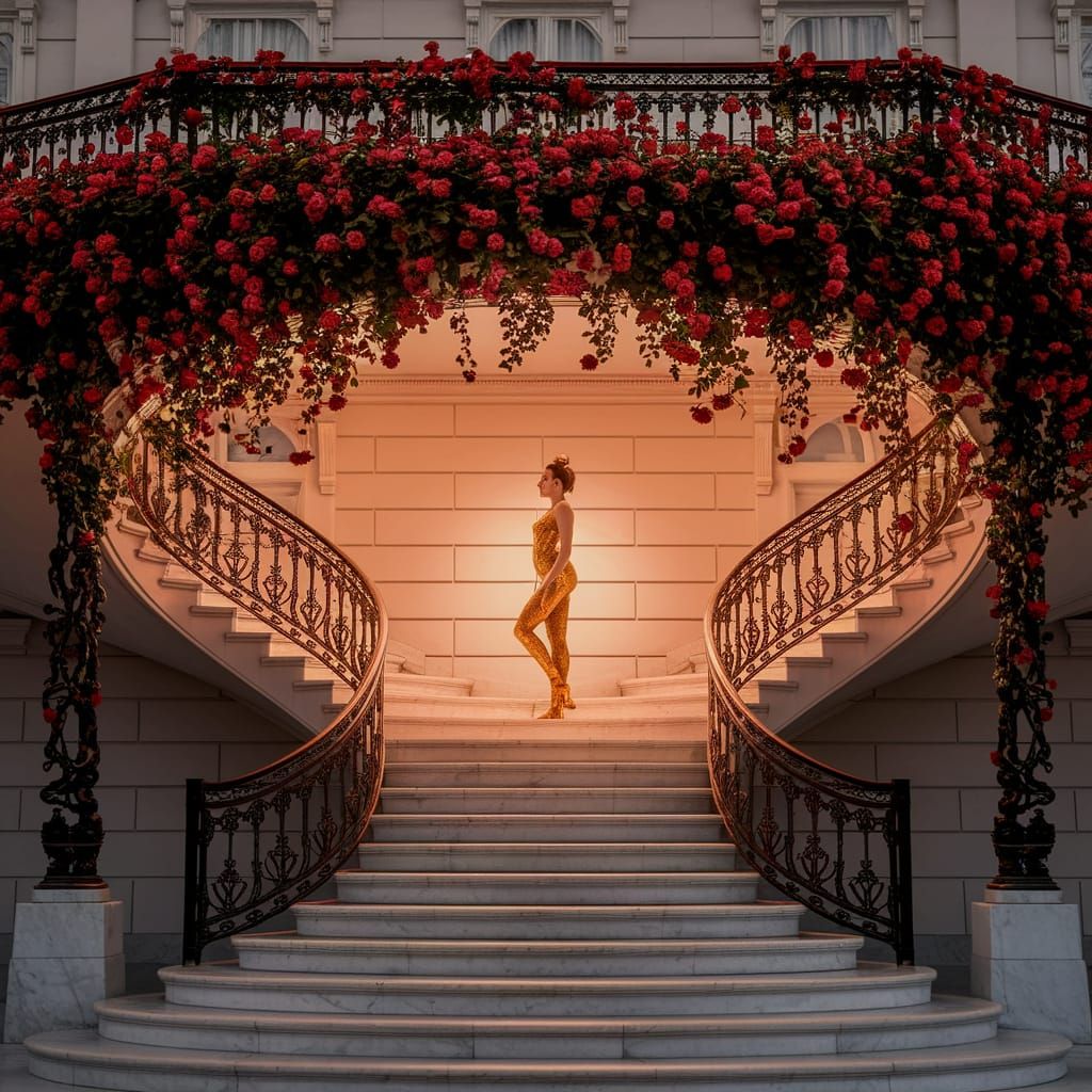 Golden Lady on Marble Staircase in Victorian Style