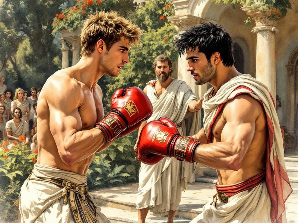 Gay Roman Boxers in Lush Garden, Stylized Drawing