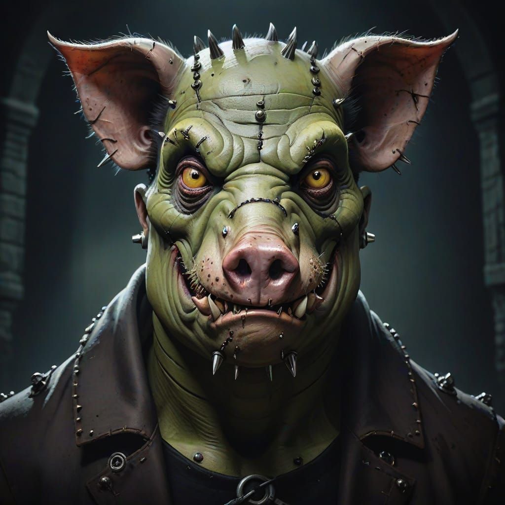 Frankenstein Pig Hybrid in Gothic Horror Style