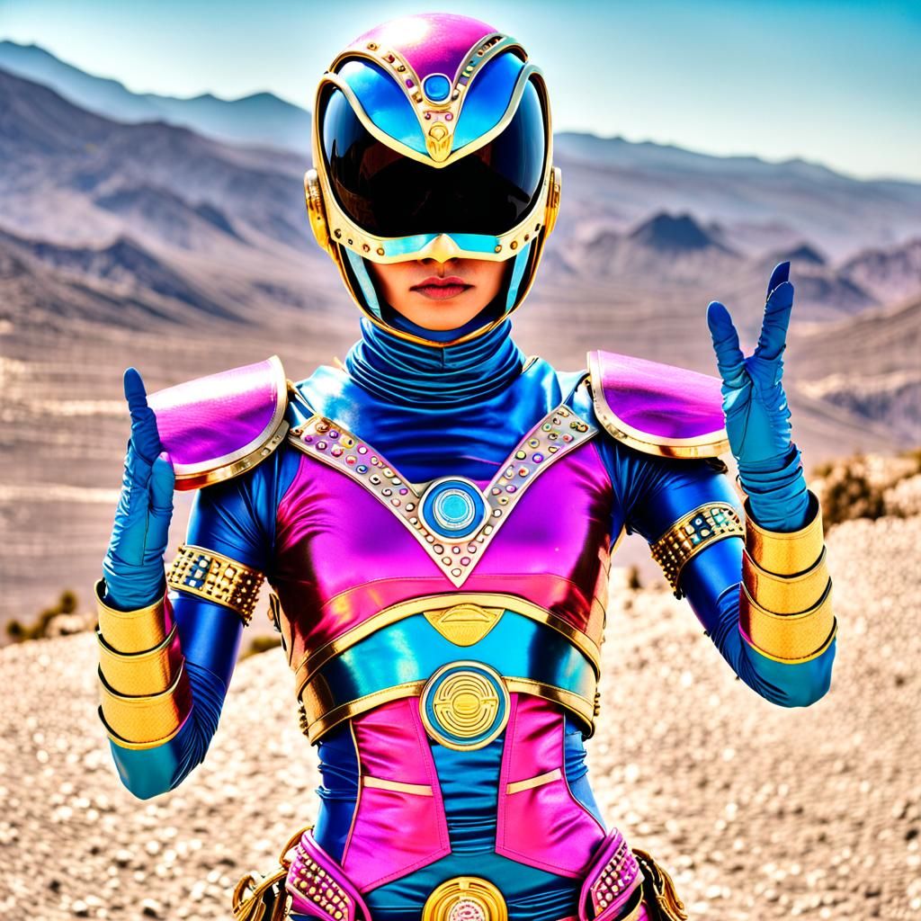 Retrofuturistic Beetle Power Ranger in Solarpunk Utopia