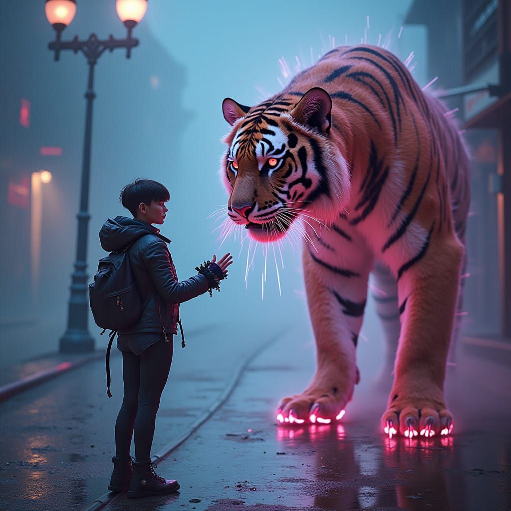 Majestic Flower-Punk Tiger Meets Tech-Noir Siren in Futurist...