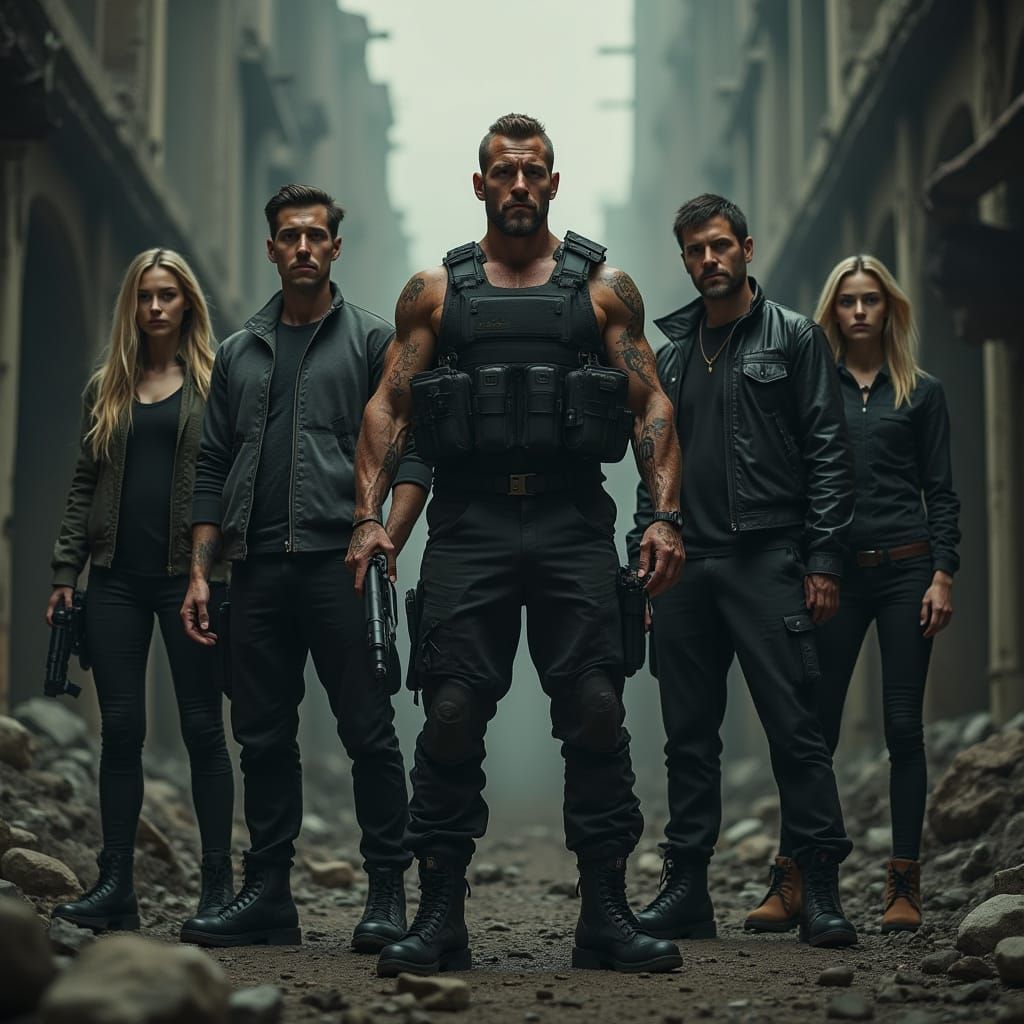 Post-Apocalyptic Team in Ruined Cityscape
