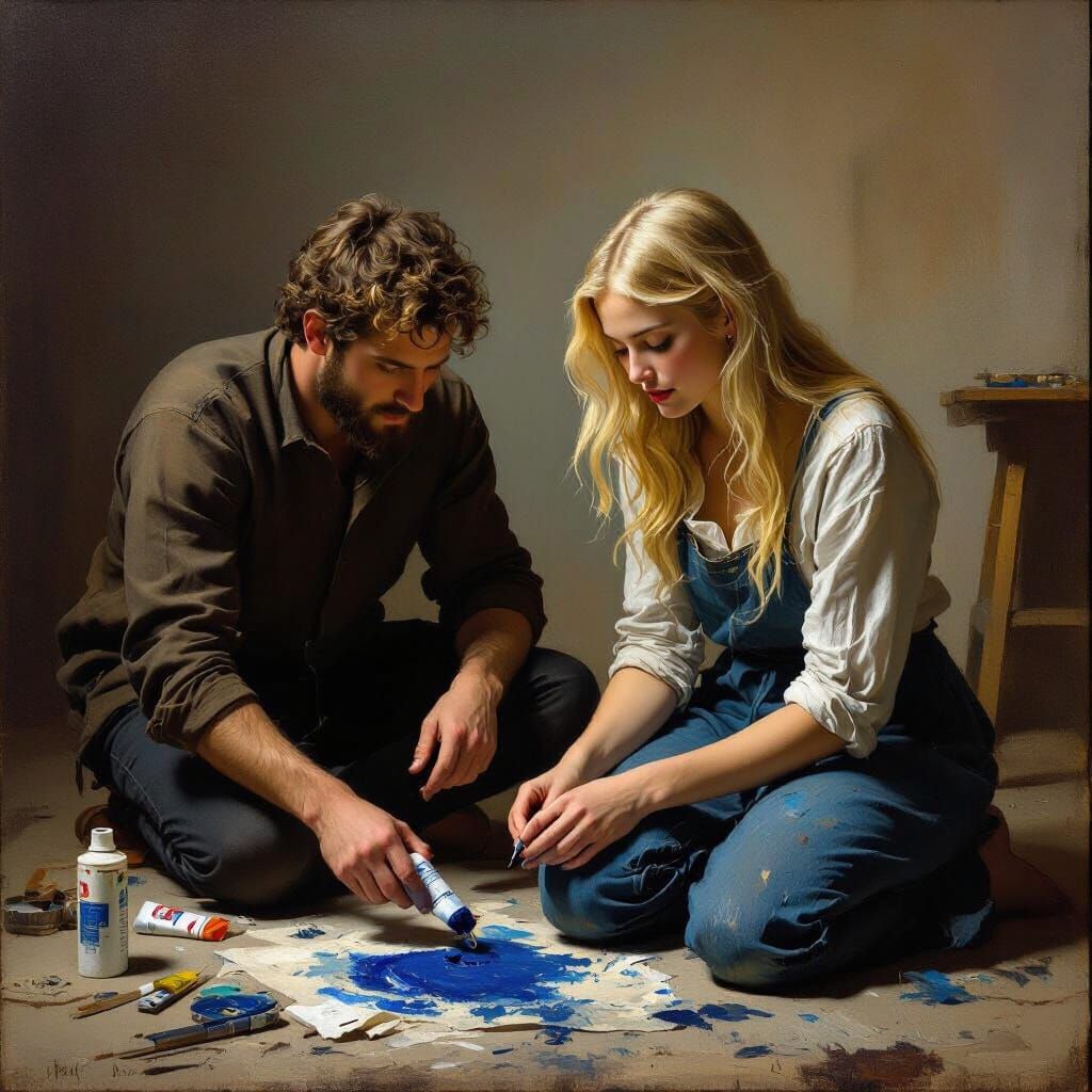 Artist and Muse Mixing Blue Paint in Dramatic Light