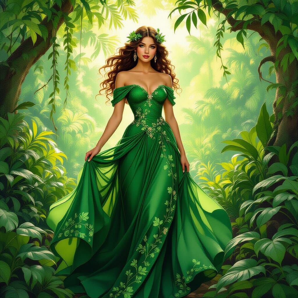 Green Queen in Jungle, Alphonse Mucha Style