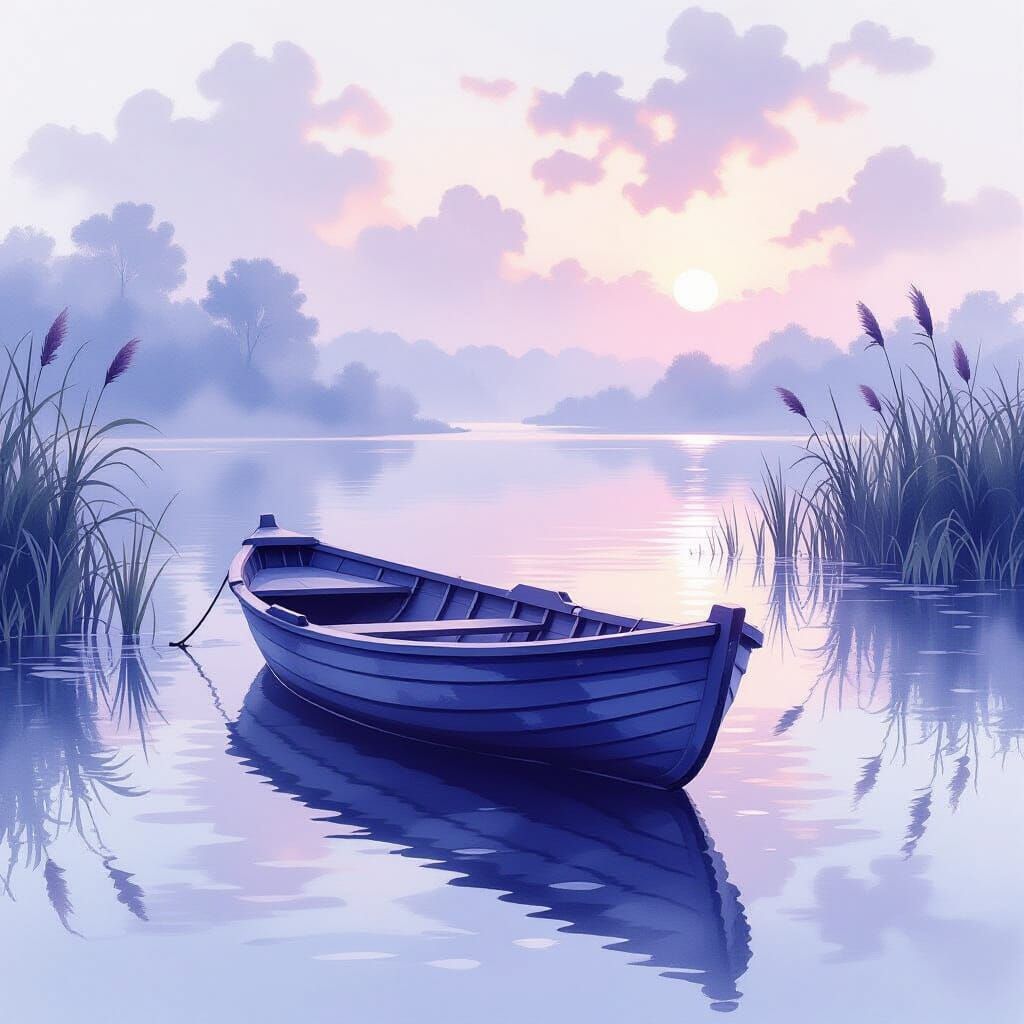 Peaceful Boat on Lake in Watercolor Style