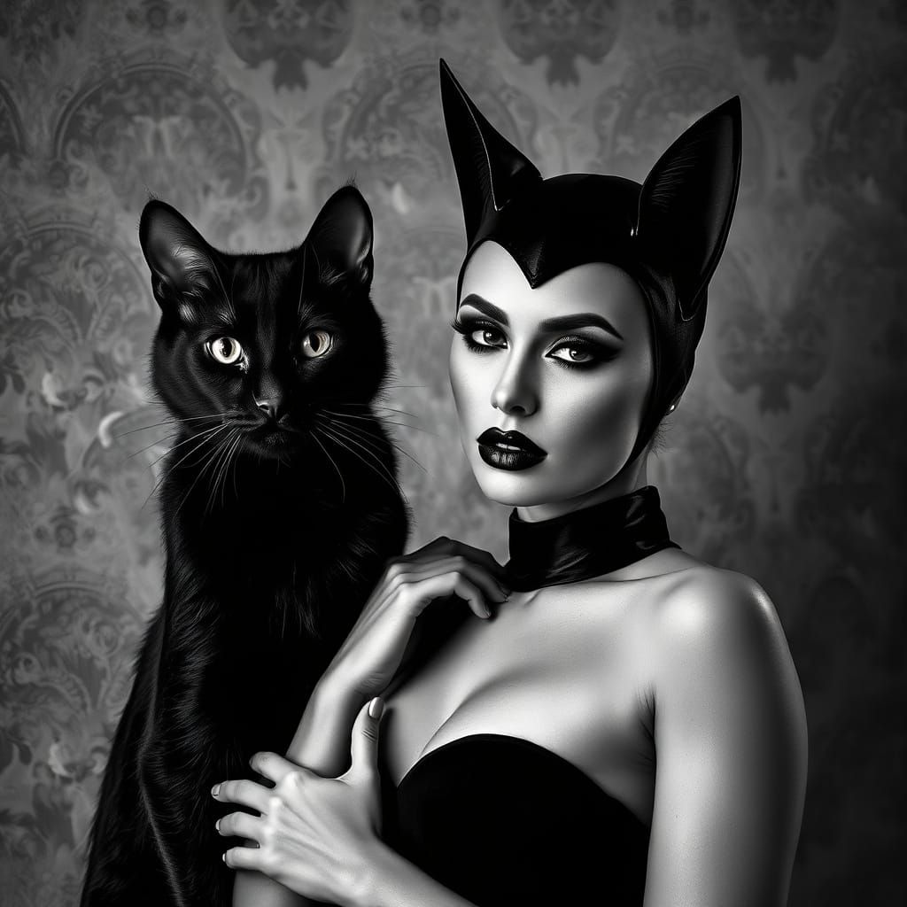 Elegant Woman in Black Cat Costume, Vintage Style